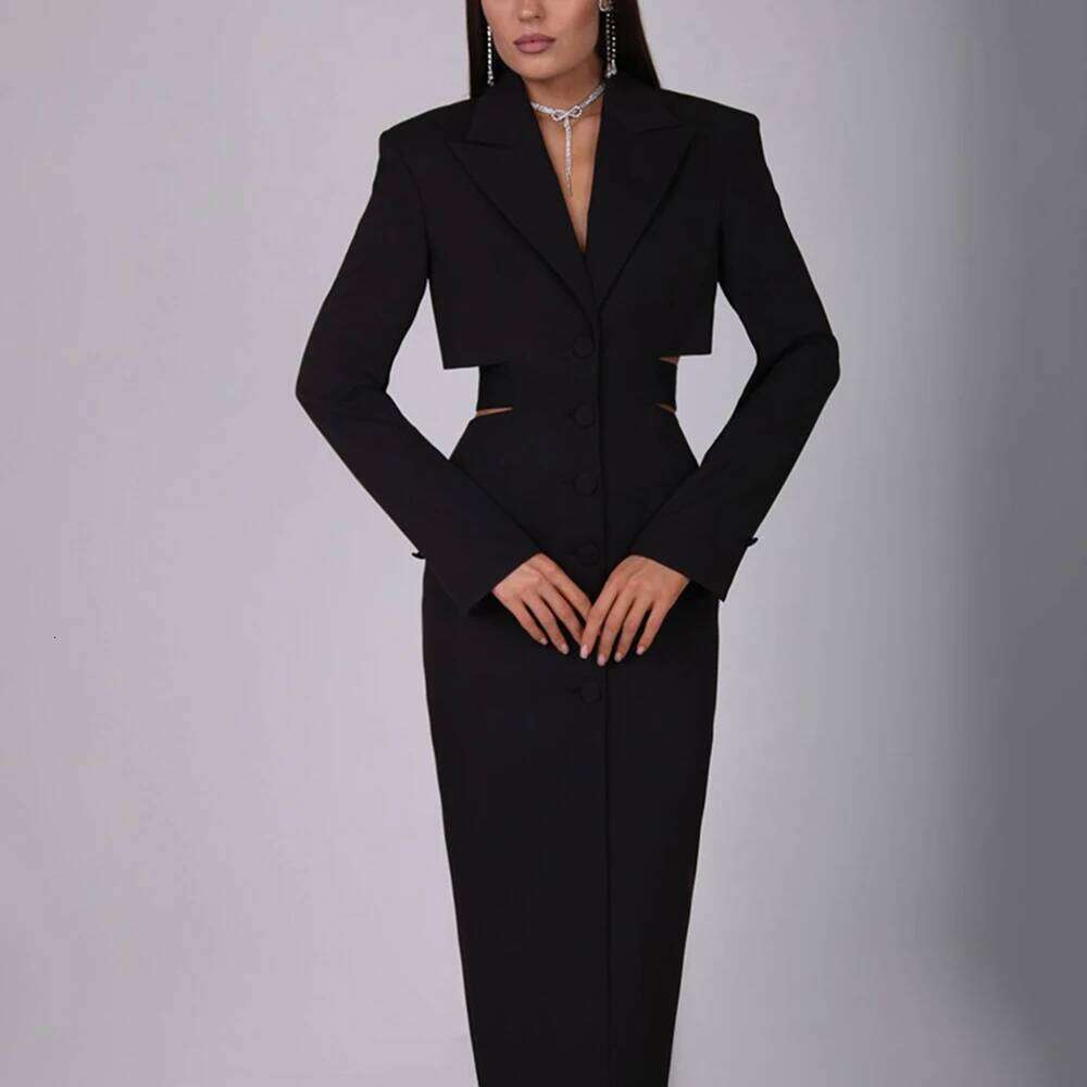 Street Hollow Out Tunic Dresses For Women Notched Collar Long Sleeve High Waist Spliced Button Temperament Dress Female