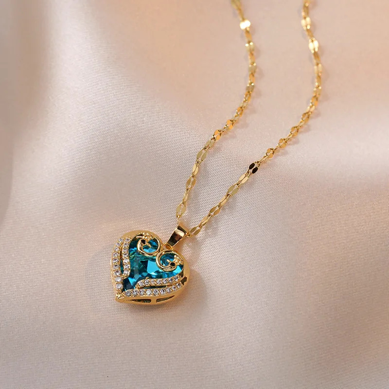 Colorful Zircon Love Heart Pendant Necklaces for Women Girls Stainless Steel Trendy Romantic Jewelry Accessories Gifts 250609