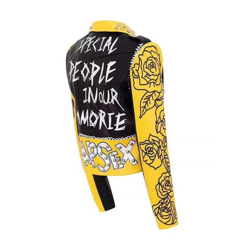 Graffiti Print Faux Motorcycle Jackets For Women 2025 New Trend Streetwear Slim Short Punk Studded Leather Jacket S-Xxxl