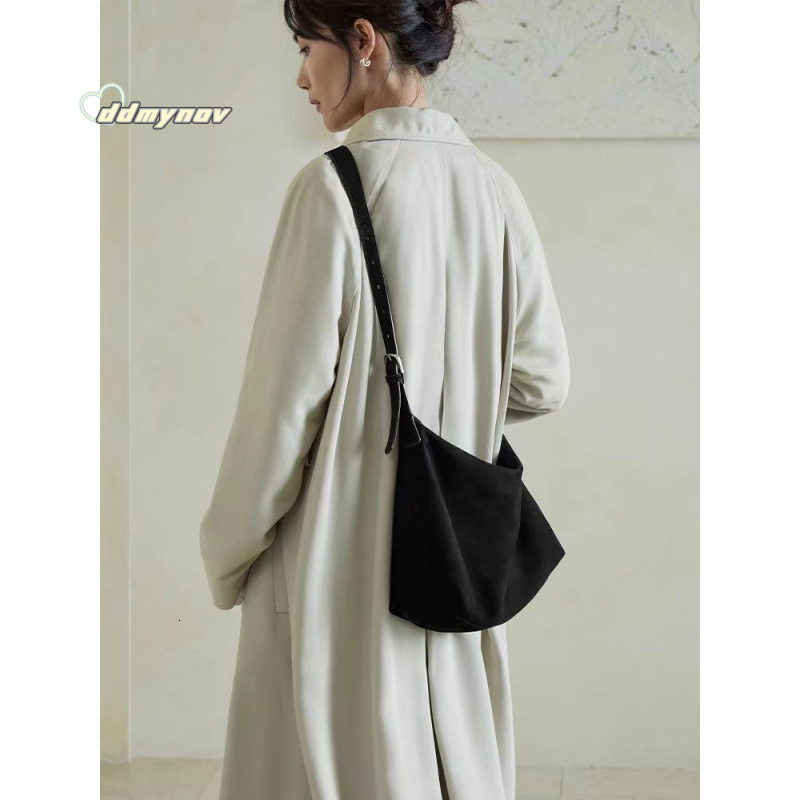Qiu Zhen Vegetable Tanned (Nubuck Leather) Double Ear Hobo Lazy Single Shoulder Crossbody Large Capacity Commuter Bag ddmynov