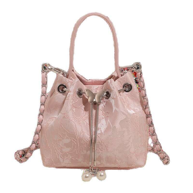 National Style Embossed Bucket New Drawstring Niche Design Women's Shoulder Versatile Chain Crossbody Bag For Outings