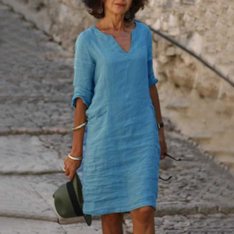 Vintage Solid Mini Dress Women Fashion Summer V-neck Three Quarter Sleeve Cotton Linen Party Dresses Ladies Casual Femme Vestidos XJ250610