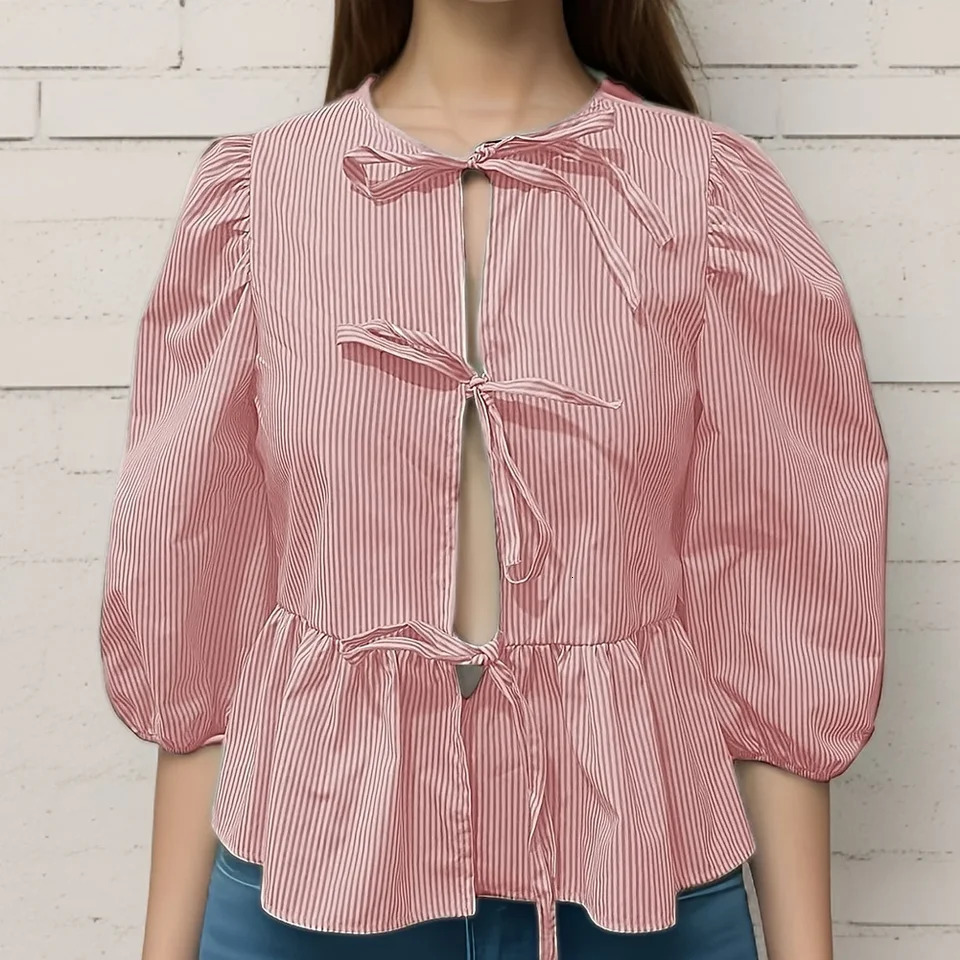 Summer Blouses For Women Dressy Casual Women Puff Short Sleeve Peplum Shirts Tie Front Ruffle Hem Blouse Blusa Elegante Feminina 250610