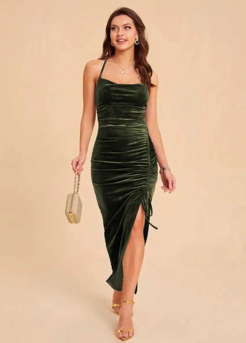 Sexy slim summer womens side slit drawstring velvet suspender dress party dress XJ250610