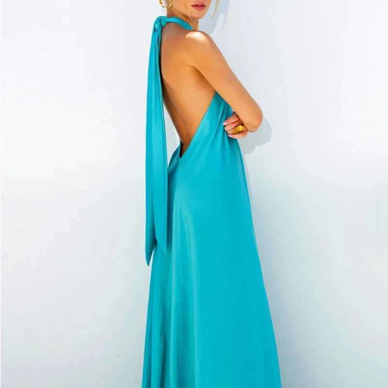 Elegant Summer Blue Suspenders Long Dress 2025 Fashion Women Casual Sexy Party Dress Backless A-line Evening Dress Vestido Robe XJ250610