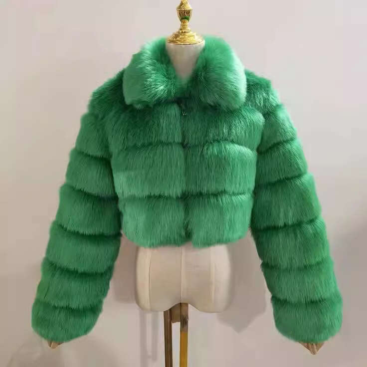 Faux Coat With Fox Fur Patchwork, Short Collar, Long Sleeve, Women's Jacket