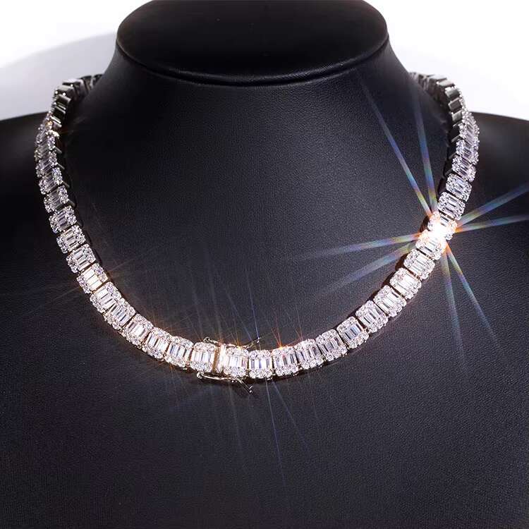 OACOCA Customized Necklace 9mm 925 Silver Hip Hop Jewelry Baguette Moissanite Cuban Chain Vvs Moissanite Hip Hop Moissanite Link Chain