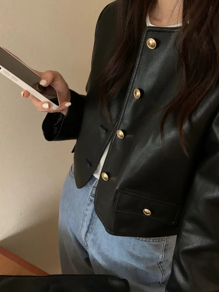 Korean style Black Jackets Women Fashion Vintage Single Breasted Leather Jacket Women Streetwear O Neck Short Jackets 250606