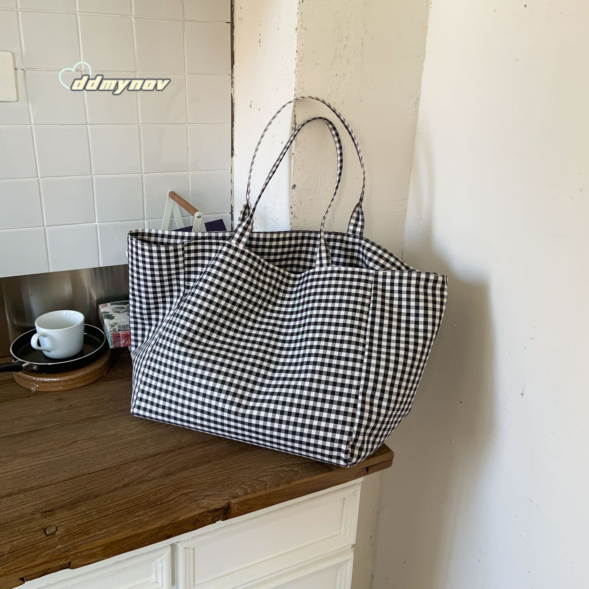 Korean Dongdaemun Large Capacity Plaid Tote Ins Trendy Fashion Artistic Lazy Shoulder Underarm Bag ddmynov