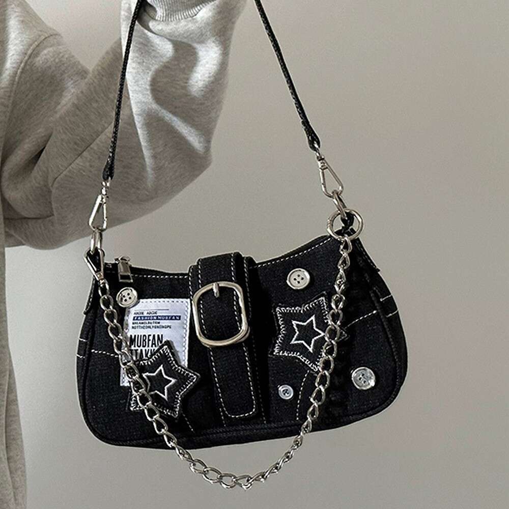 2025 New Millennial Hot Girl Star Denim Underarm Fashion Patchwork Chain Trend Commuter Handbag Shoulder Bag