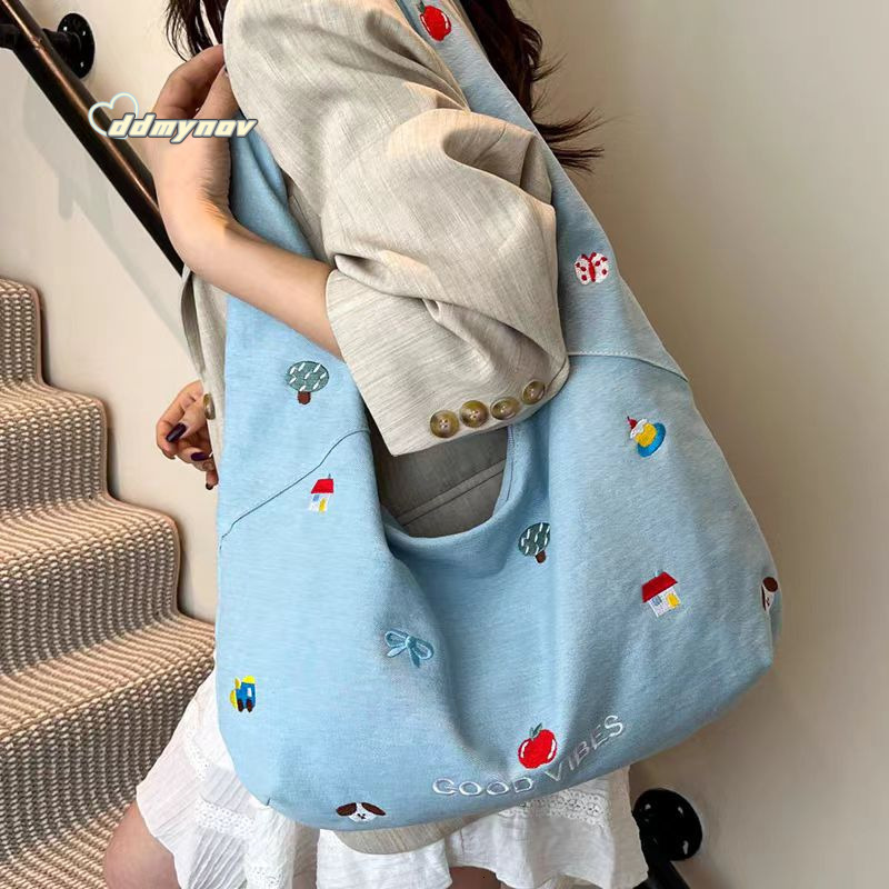 2025 Korean Style Embroidered Denim Crossbody for Women New Niche Large Capacity Commuter Canvas Shoulder Tote Bag ddmynov