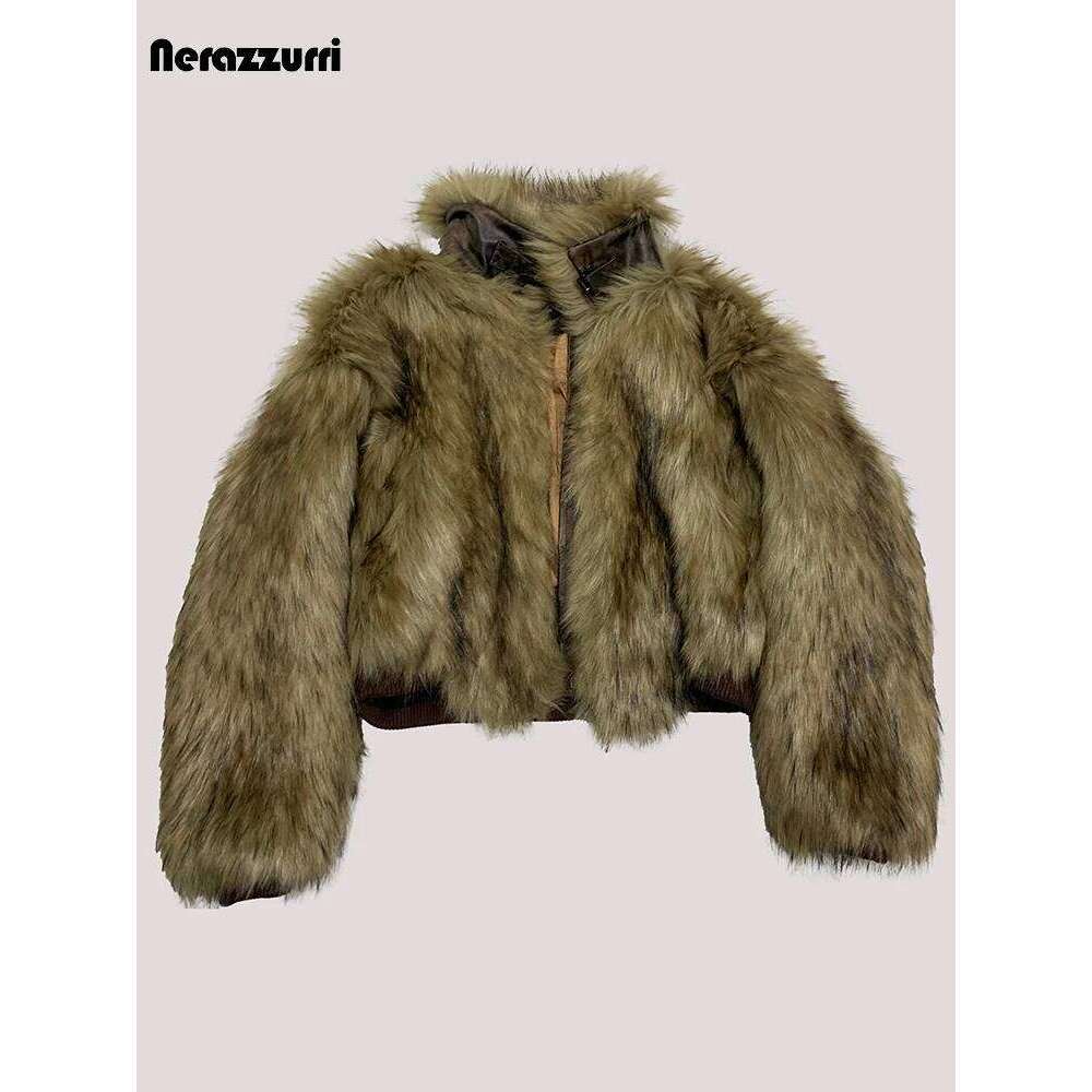 Nerazzurri Winter Cool Short Warm Thick Hairy Shaggy Faux Fur Coat Women Zipper Chic Designer Clothes Fluffy Jacket 2025