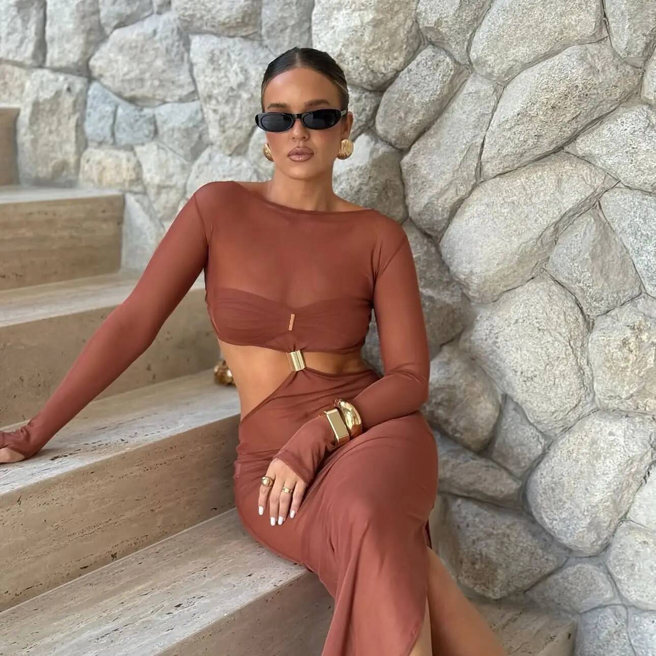 Sexy 3 Piece Swimsuit Bandage Bikini Women Swimwear Cut Out Biquini Female Long Skirt Cover Up Bathing Suit Beachwear Bodysuit