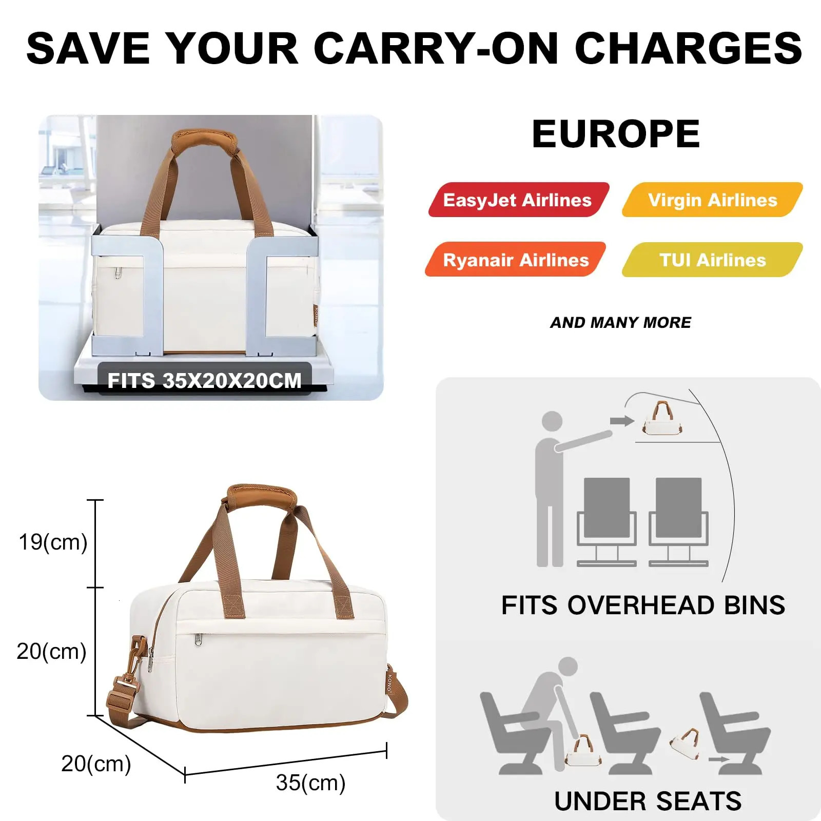 Any 35x20x20 Cabin Bag Under Seat Ryanair Flight Carry On Sports Travel Duffel Holdall Hand Luggage 14L Unisex 250605