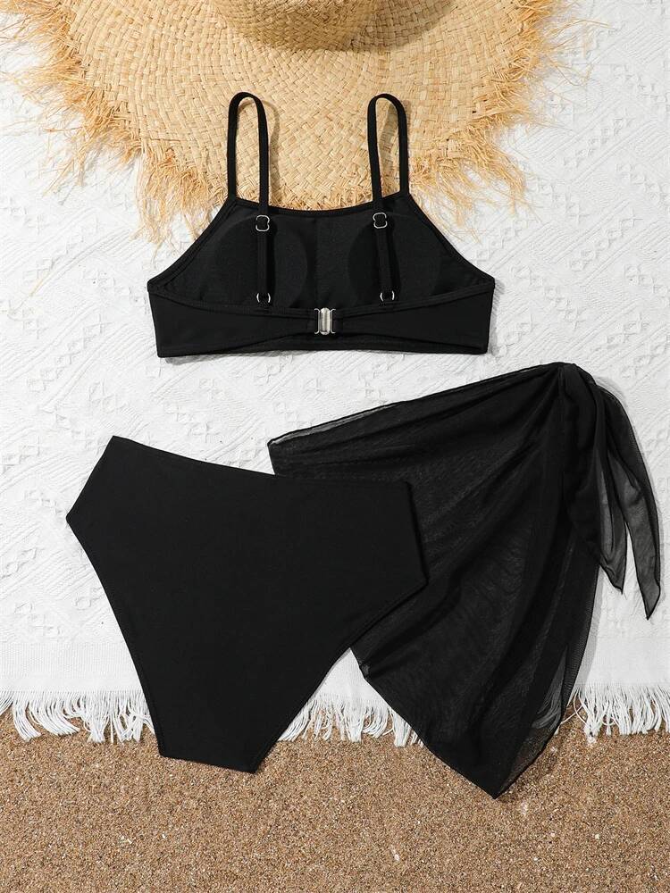 Girls Kids Swimsuit 2025 New Black Sling Bikini Set Children Swimwear Summer 3 Piece Beach Cover Up Bathing Suit Swimming