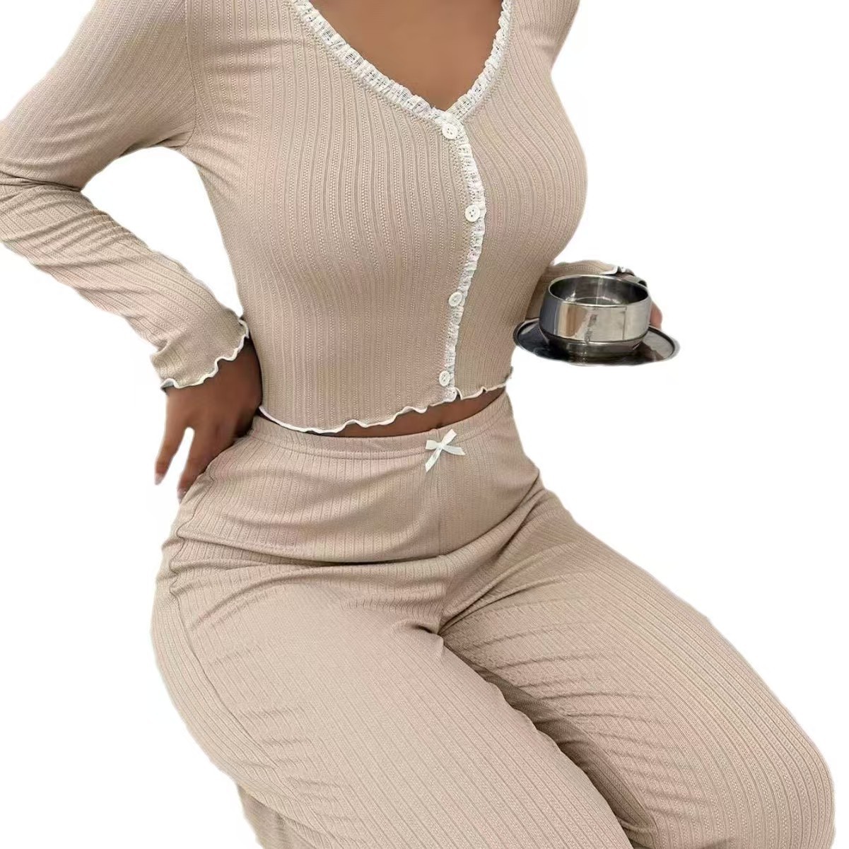B415-New European and American home clothes pajamas long sleeves and long pants slim lace double long home suit