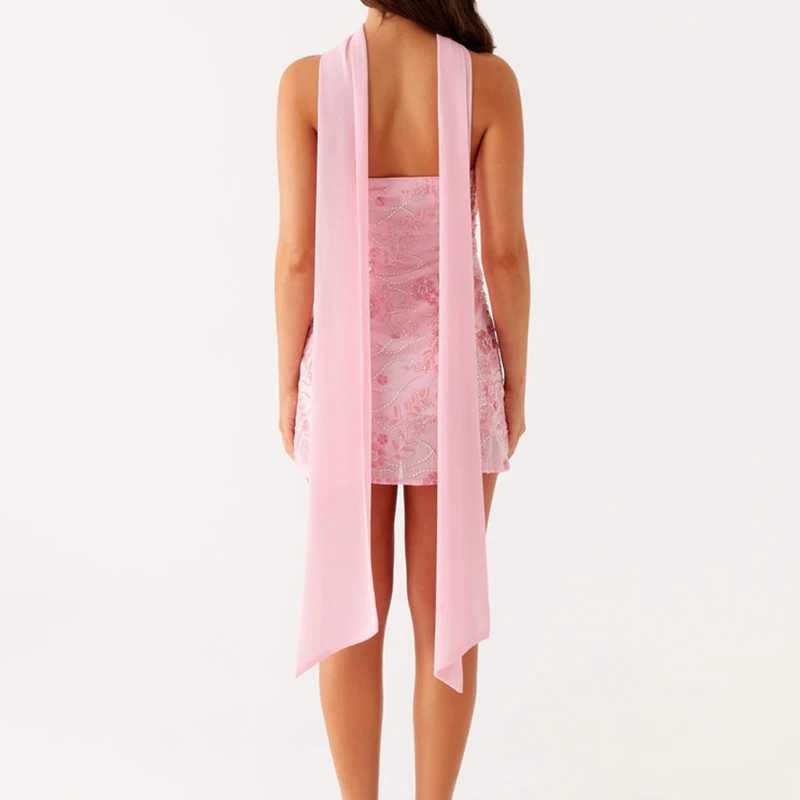 Women Sequin Strapless Mini Dress with Scarf Beaded Rhinestone Sleeveless Off Shoulder Dress Sexy Backless Cocktail Party Dress XJ250610