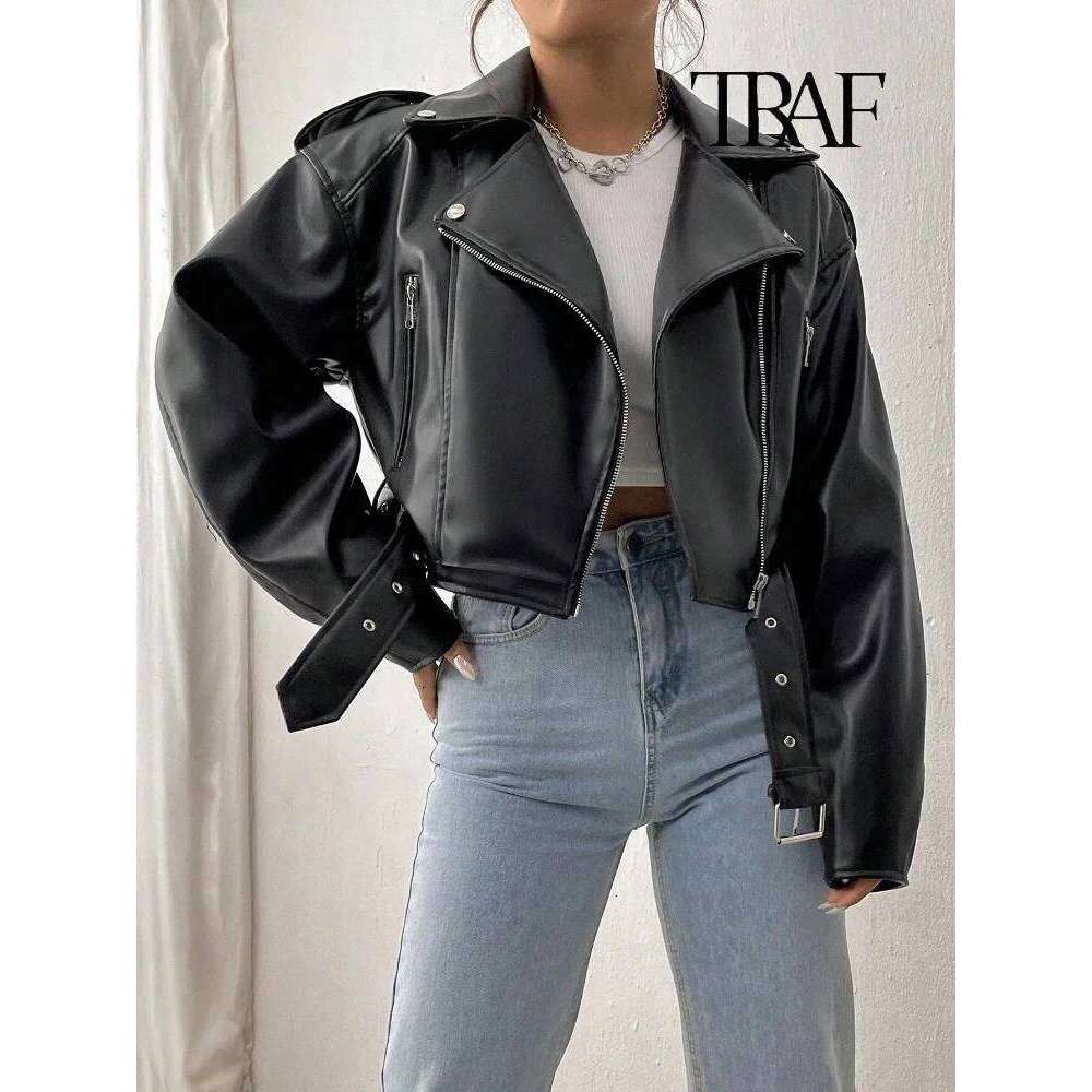 TRAF Women's Vintage Loose Belt Shoulder Badge Zipper Lapel Jacket Handsome Washed Leather Motorcycle Clothing