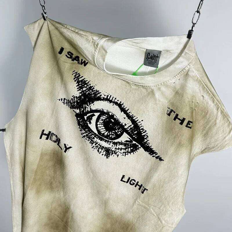 Streetwear Vintage Washed Apricot Made Dirty Sleeveless T Shirt Tee Men Women Best Quality SAINT I Saw The Holy Light T-Shirt