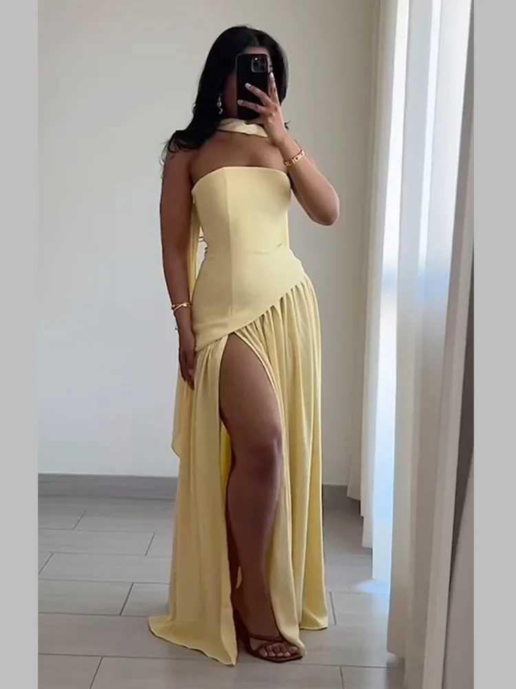 Yellow Scarf Collar Strapless Party Dress Women 2025 New High Slit Backless Spliced Pleated Robes Female Summer Party Prom Gowns XJ250610