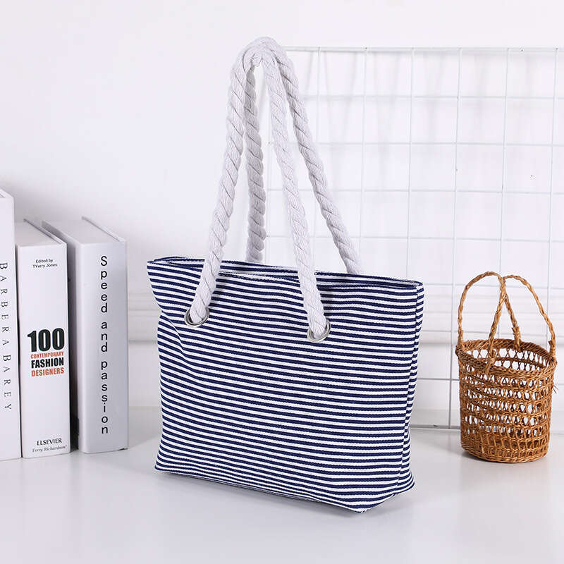 Hot Selling Fashion Women's Handbag Tote Shopping Korean Classic Striped Beach Large Capacity Canvas Bag