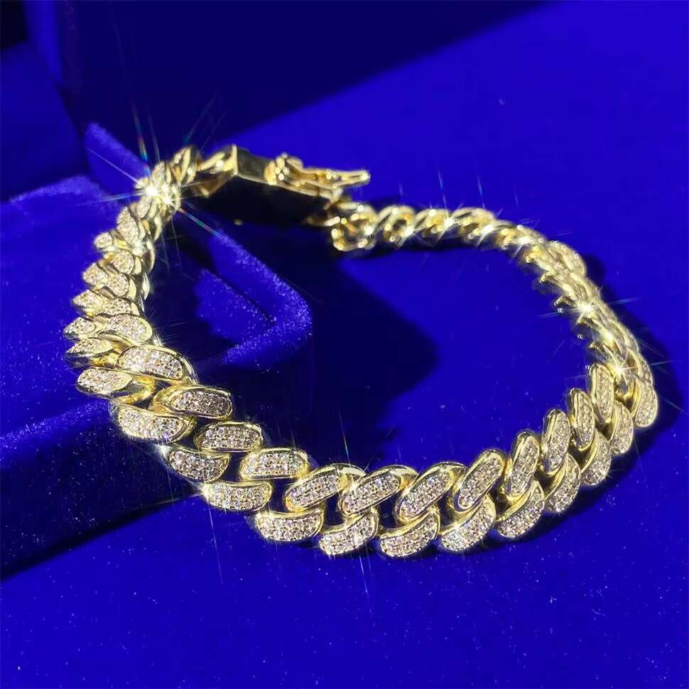 OACOCA Hip Hop Jewelry 10mm Gold Plated Iced Out VVS Moissanite Diamond 925 Sterling Silver Cuban Link Bracelets for Men