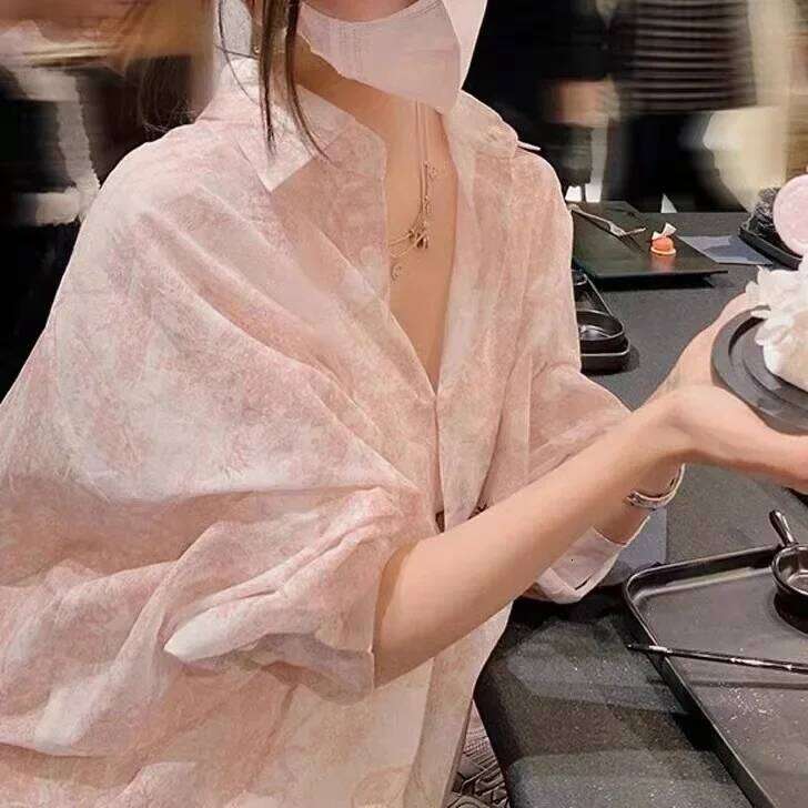 Pink Floral French Style Women's Thin Autumn New Design Sensation Lazy Sunscreen Shirt Trendy Button-Up Casual Top