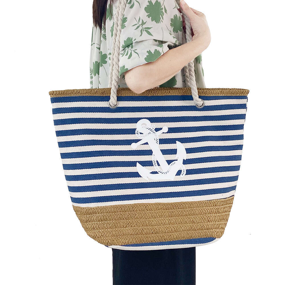 Casual Fashion Woven Summer Large Capacity Striped Canvas Straw Bag For The Beach