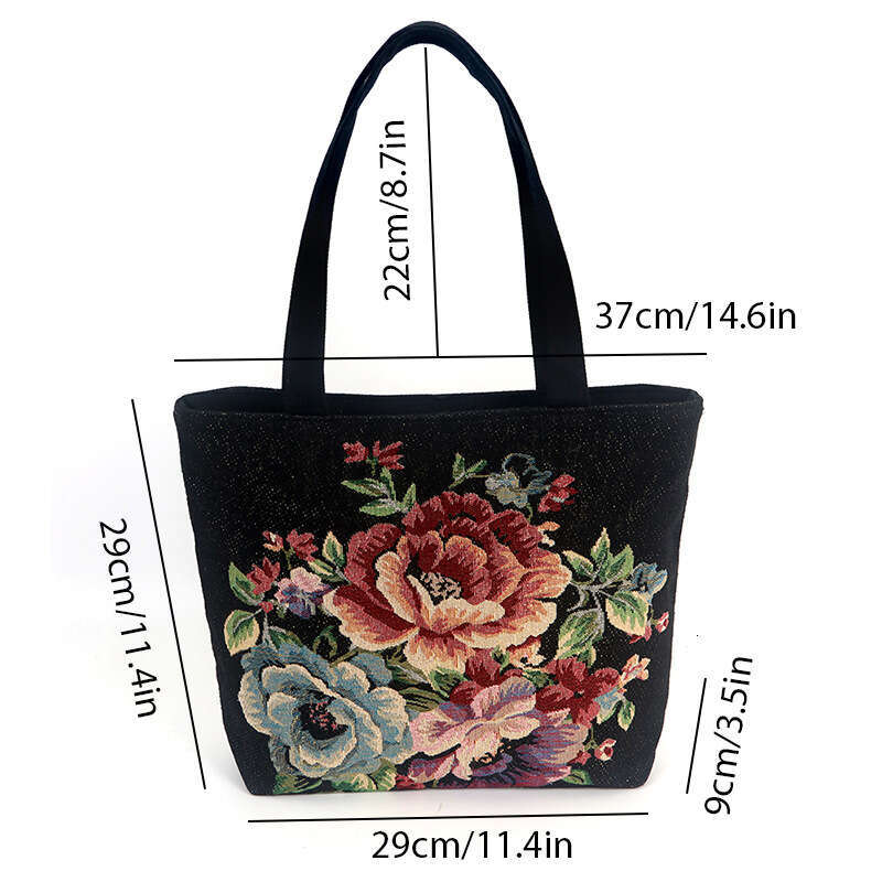 Canvas Tote Jacquard Embroidery Handbag Ethnic Style Office Casual Zipper Small Handheld Bag