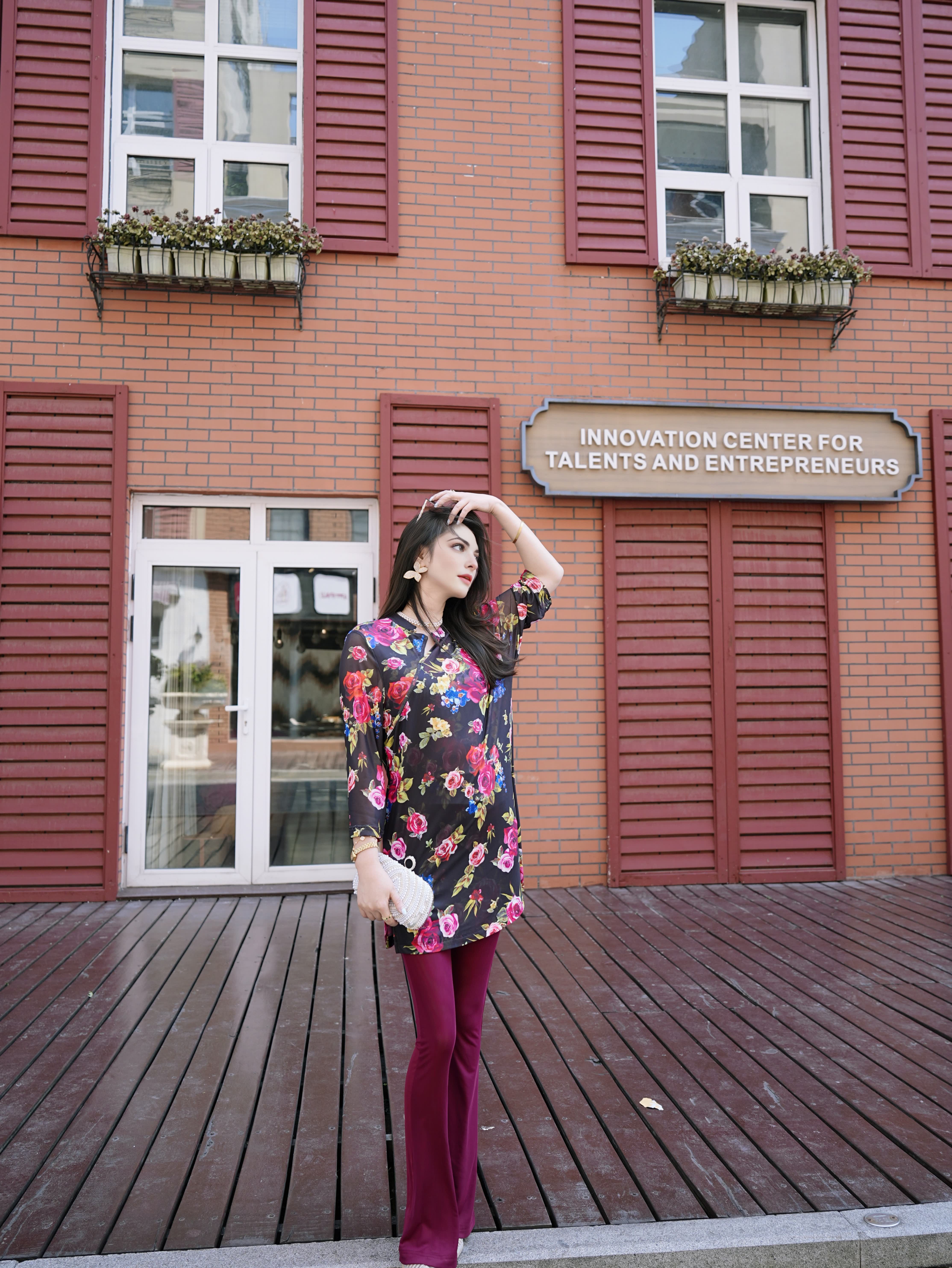 HZHJ original black floral wide cut long sleeved top, high-end and elegant Western style, red mesh pants on daily,festival,business be gift for mom an