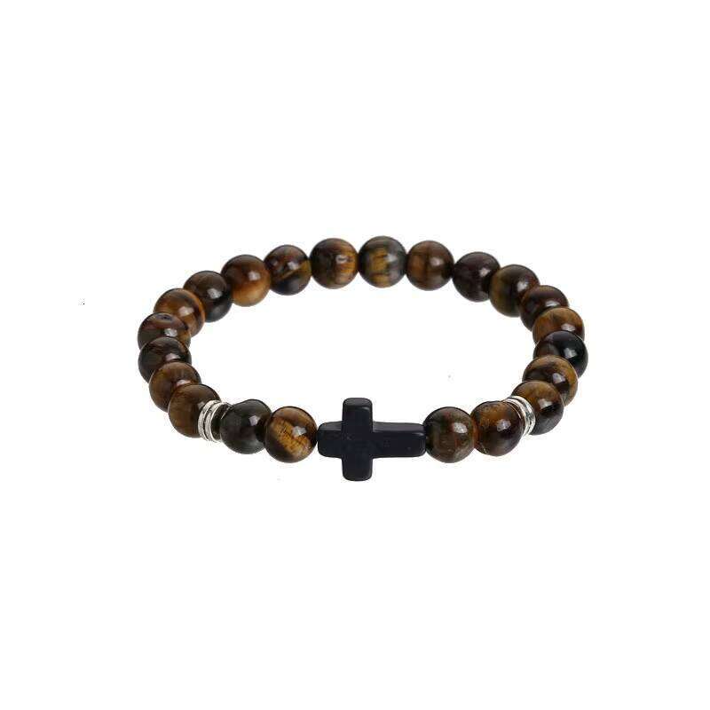DHcollections Classic Tiger Eyes Bracelets Couple Jewelry Religious Cross Charms Turquoise Gemstone Natural Stone Beaded Bracelet