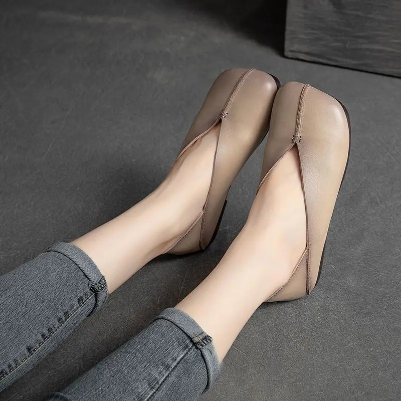 Womens Flat French Shoes Square Toe Genuine Leather Soft Sole Comfortable Pumps Fashion Loafers Casual spring autumn 250603