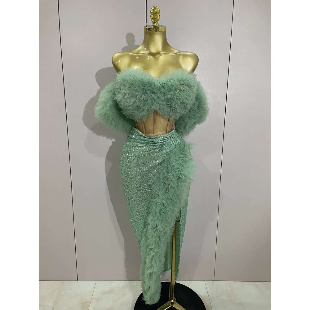 Shiny Sequins Top Short Skirt Two Pieces Set 2025 Women Sexy Celebrate Evening Prom Birthday Party Dress Nightclub Stage Outfit