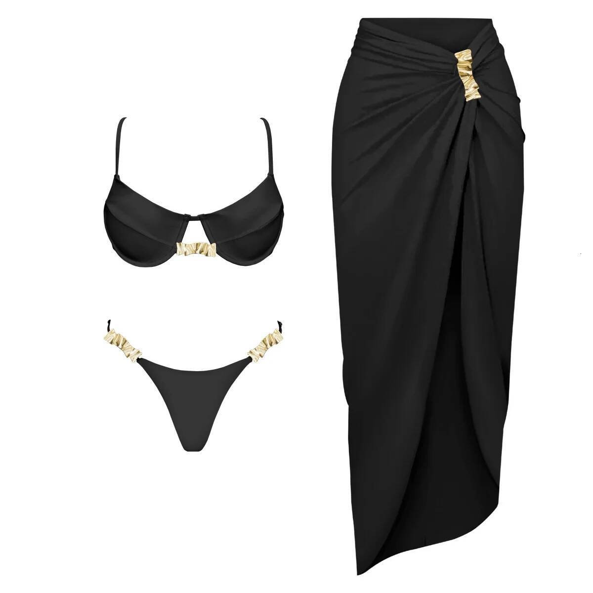 3Pc Push Bikini With Cover Up Women Sexy Swimsuit Female Swimwear Bandeau Biquini Shiny Button Bathingsuit Bodysuit Beachwear