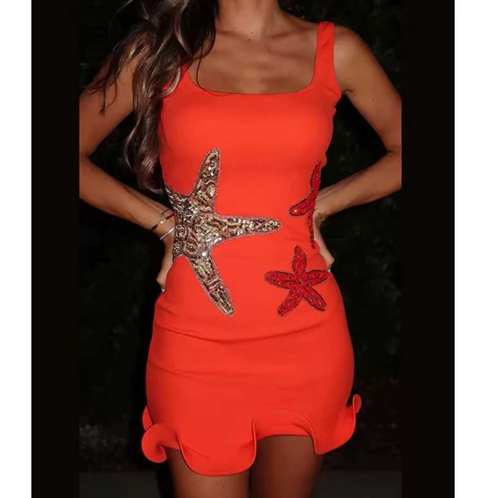 Chic Sparkling Starfish Ruffle Women Y2K Coquette Mini Dresses Elegant Sleeveless Backless Pleated Knit Dress Female Party Robe XJ250610