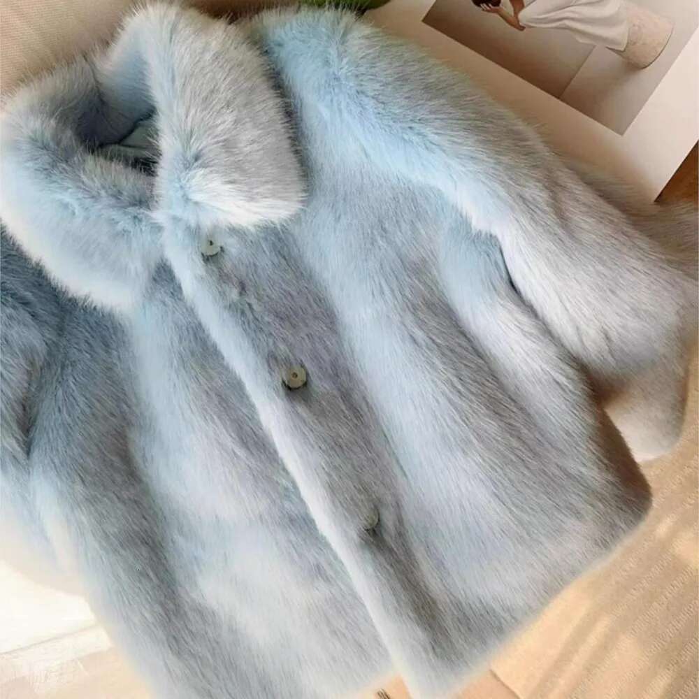 2024 Winter Light Ice blue Turn down Lapel Hairy Shaggy Faux Fur Coat Women Full Sleeve Furry Warm Jacket Short Outerwear