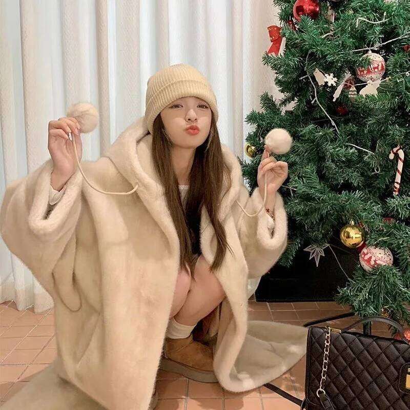 Fall Winter Hooded Mink Plush Jacket Women Overcoat Loose Long Wool Imitation Fur Eco-Friendly Thick Warm Parker Coat