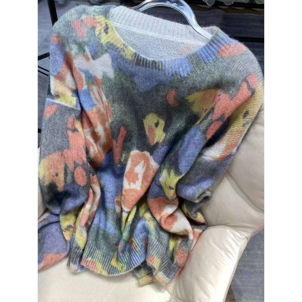 Lazy Style Sweaters Long Sleeve Contrast Color Jacquard Fashion Vintage All Match Pullovers Loose Aesthetics Women Clothing 2024