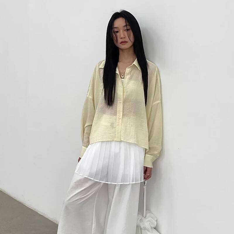 DEAT Fashion Blue Linen Irregular Sunscreen Shirt Women's Lapel Loose Fit Single Breasted Long Sleeves Short Blouse New 7Ab9147