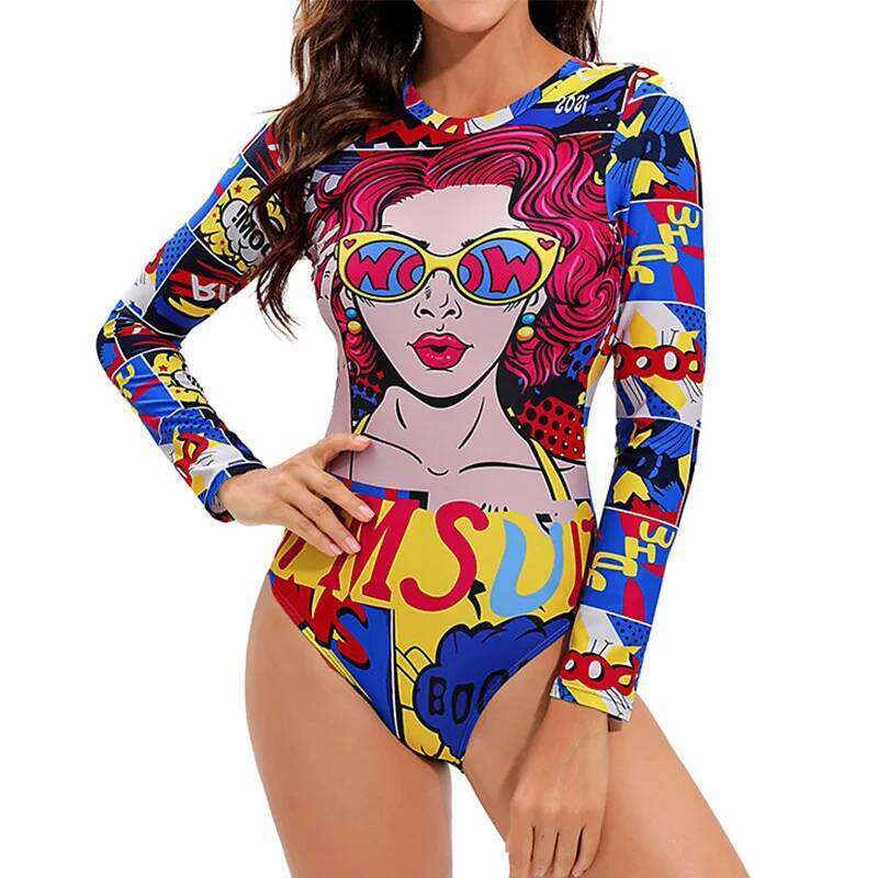 Summer One Piece Swimsuit Personalized Abstract Printed Surfing Sport Long Sleeves Swimwear For Women Bathing Suit