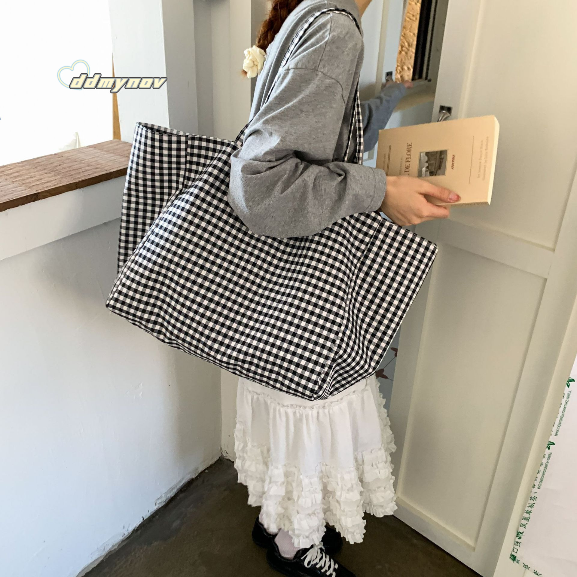 Korean Dongdaemun Large Capacity Plaid Tote Ins Trendy Fashion Artistic Lazy Shoulder Underarm Bag ddmynov