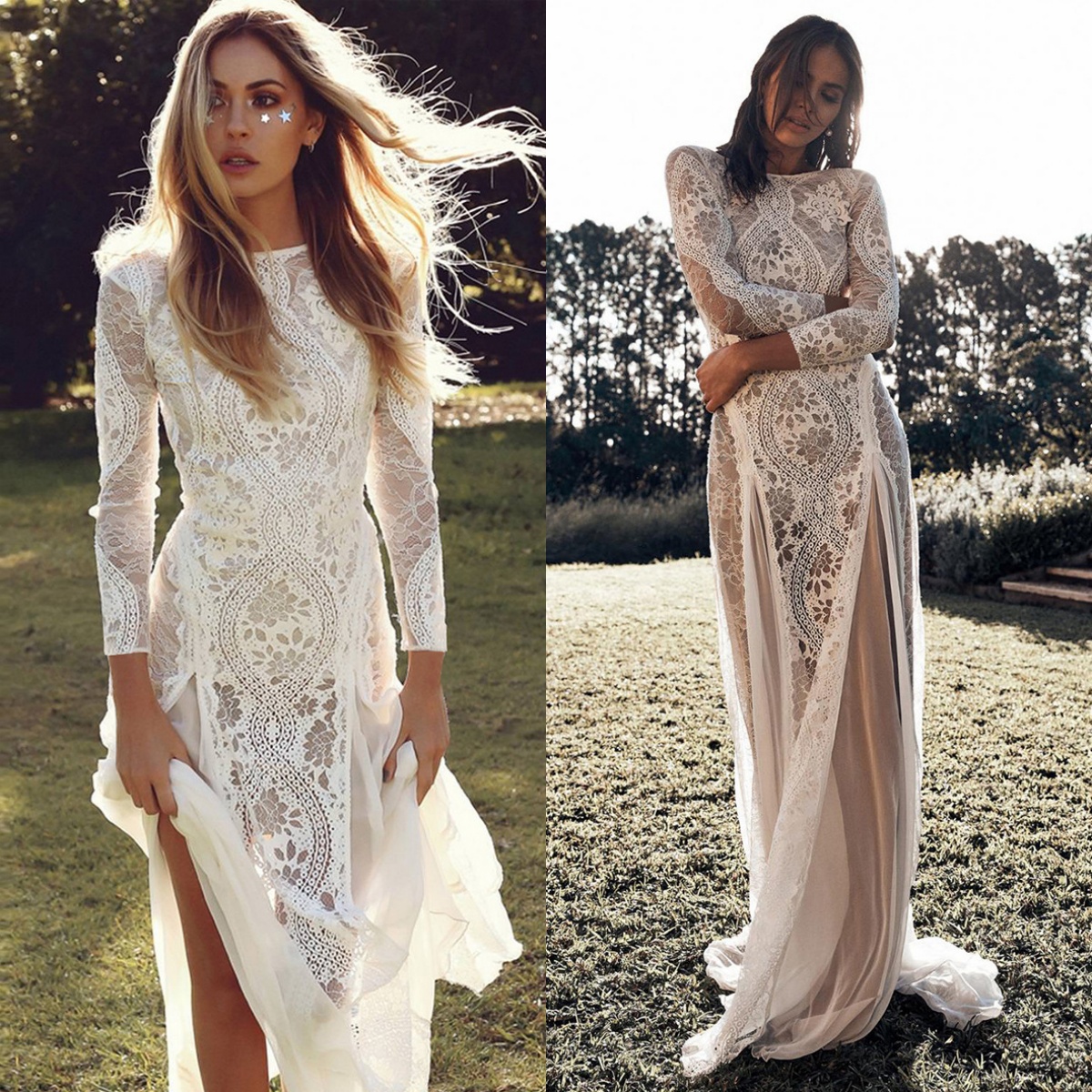 Vintage Summer A Line Women Wedding Dress Long Sleeves Backless Bridal Gowns Lace Sweep Train Dress
