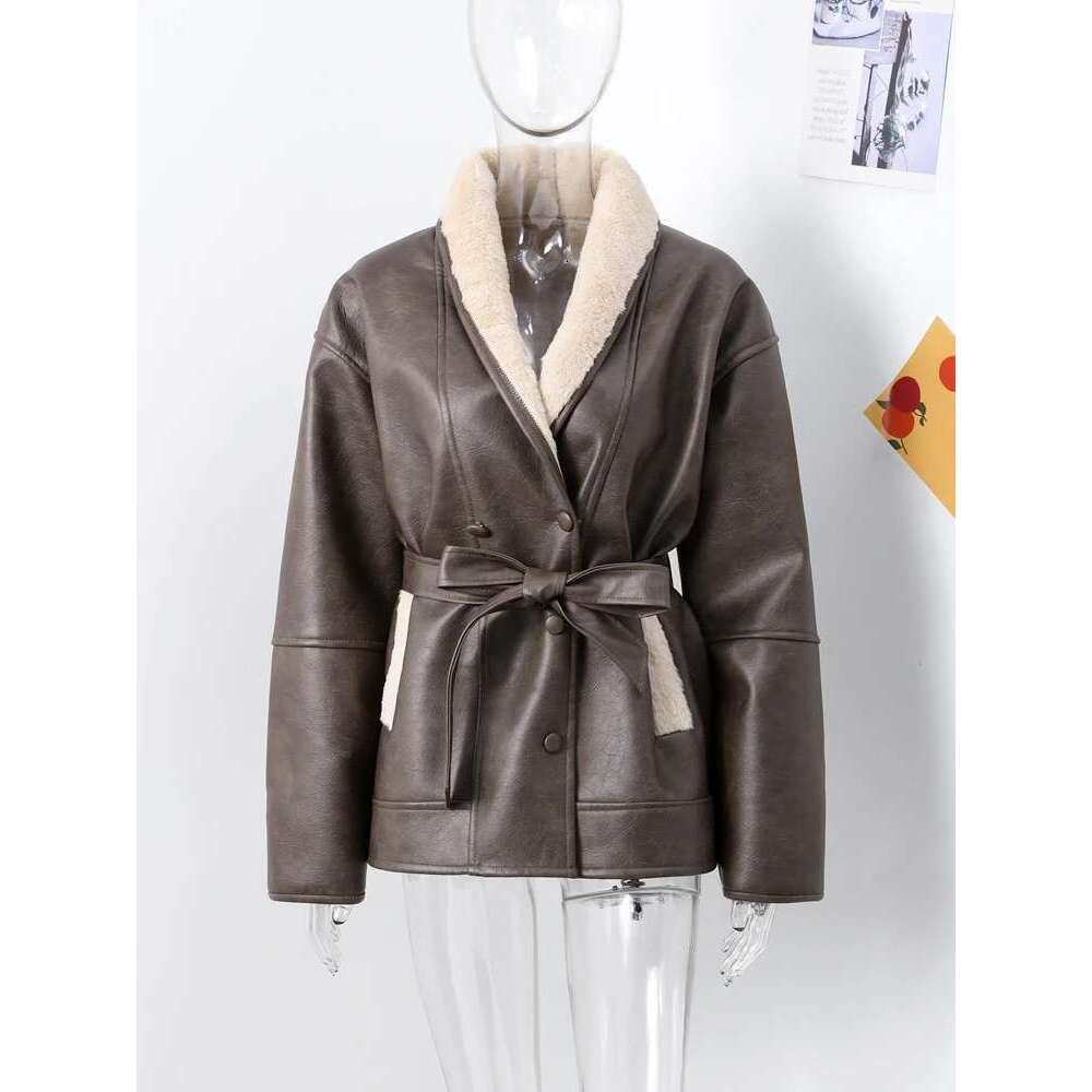 Vintage Women's Faux Wool Leather Coat with Belt Loose Lapel Pocket Long Sleeve Female Overcoat Autumn Winter Lady Warm Coats