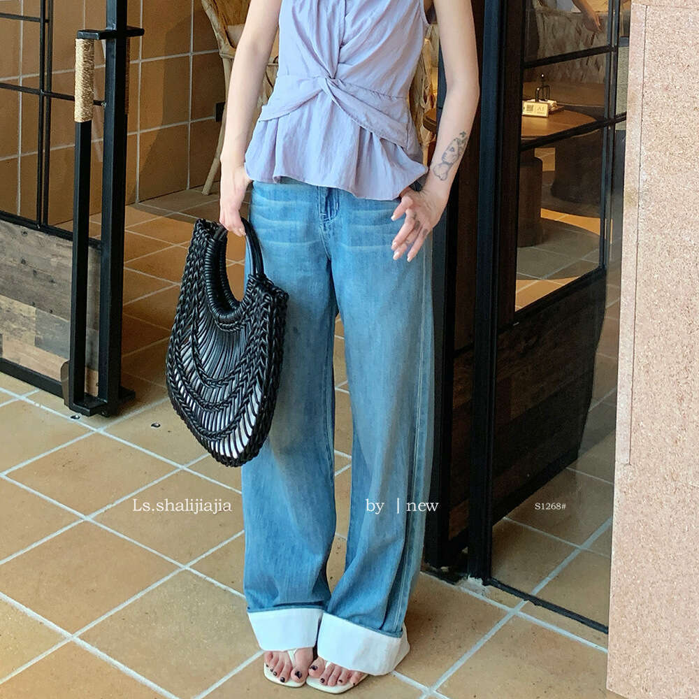LS Shuzhi Light Blue Jeans for Women 2025 Summer New Versatile Washed Straight Pants S1268
