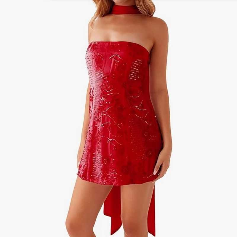 Women Sequin Strapless Mini Dress with Scarf Beaded Rhinestone Sleeveless Off Shoulder Dress Sexy Backless Cocktail Party Dress XJ250610