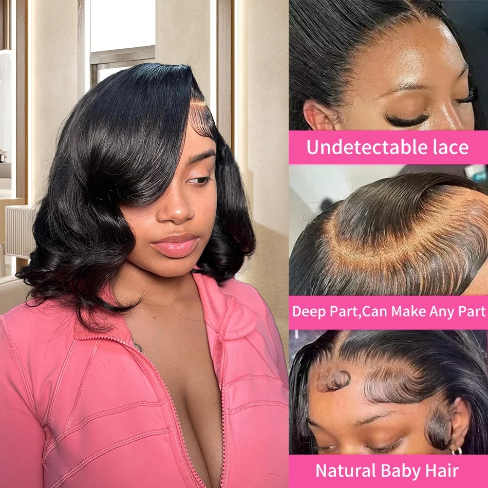 220 Density Body Wave Lace Front Wig Short Bob Human Hair Wig 13x4 Transparent Lace Frontal Wigs HD Pre Plucked Lace Wig For Women Ready To Wear
