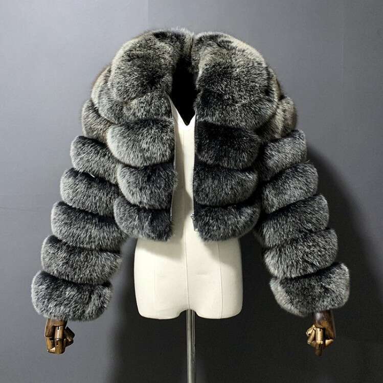 Faux Coat With Fox Fur Patchwork, Short Collar, Long Sleeve, Women's Jacket