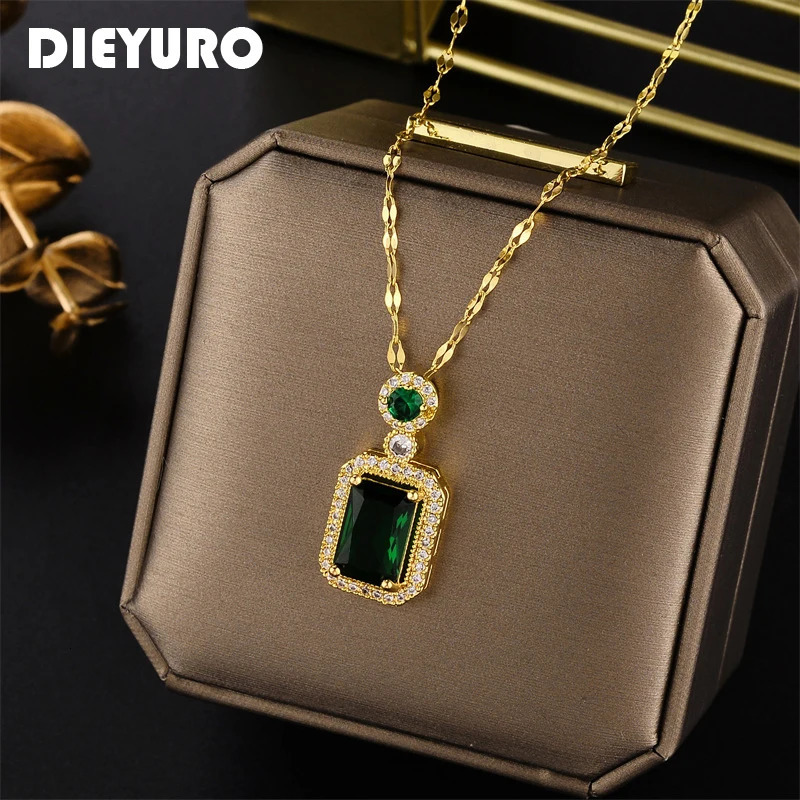 DIEYURO 316L Stainless Steel Square Green Red Zircon Pendant Necklace For Women Classic Girls Jewelry Chain Birthday Gift 250609