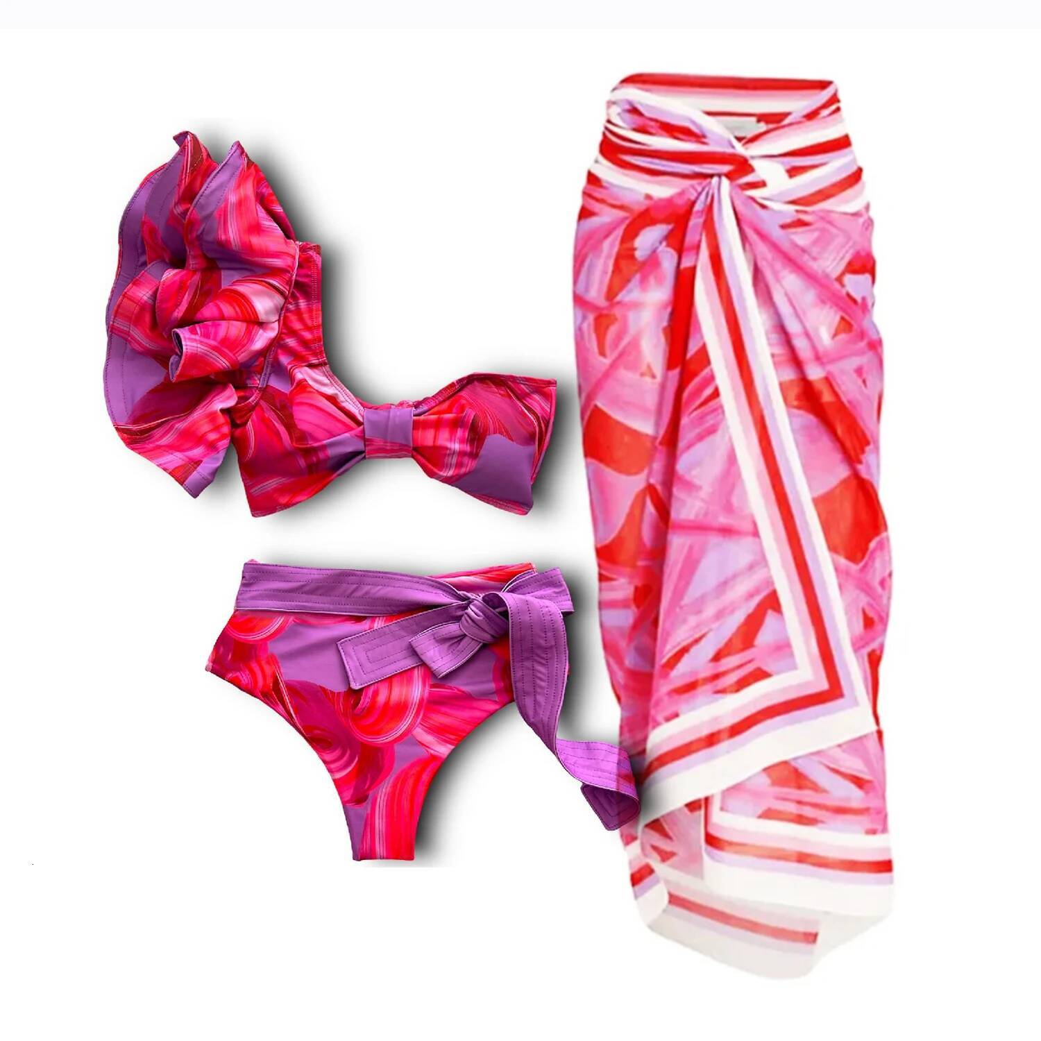 Printed Two Pieces Women Swimsuit With Cover Up Shoulder Ruffle Bikini Set Sexy Strappy Swimwear Female Biquini Swim Suit Beach