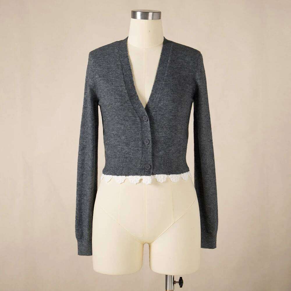 Wool Blend Women Cardigan Y2k Lace Temperament Elegant V-Neck Long Sleeve Knit Top Sweater 2025 Spring New